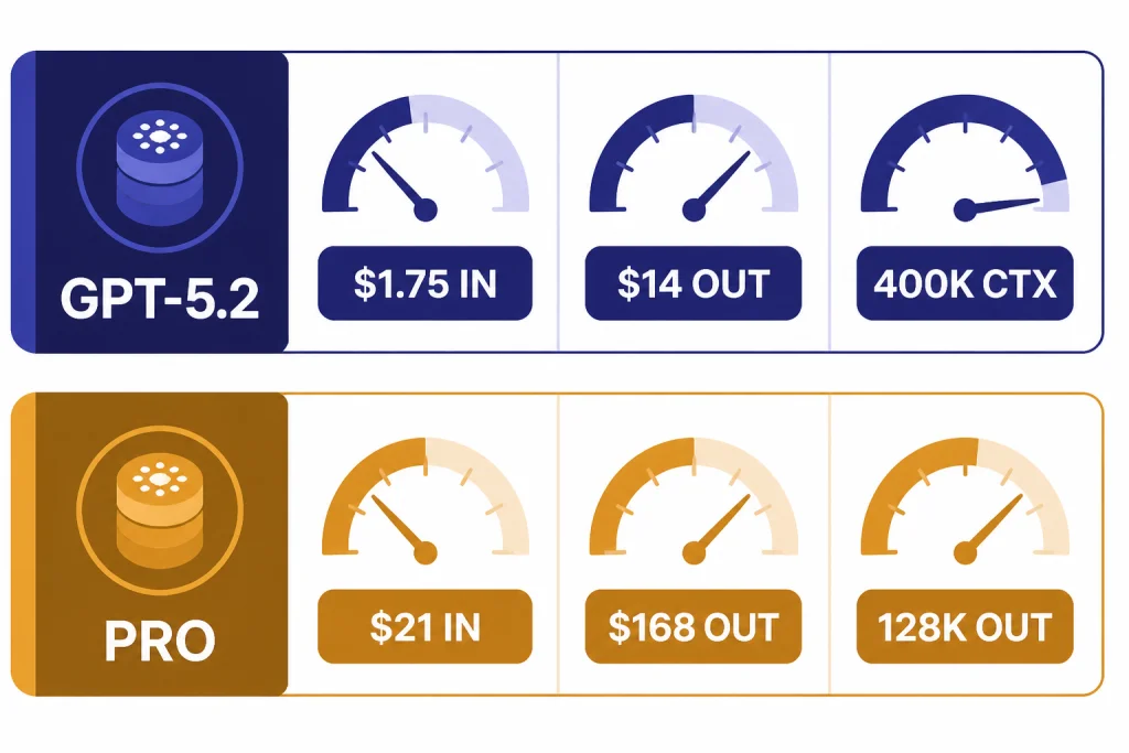 Spec panel labeled GPT-5.2 and PRO with $1.75 IN, $14 OUT, 400K CTX, $21 IN, $168 OUT, 128K OUT.