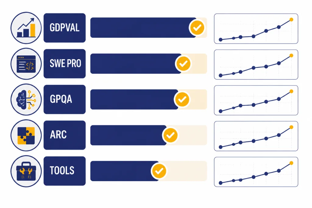 Benchmark dashboard with bars labeled GDPVAL, SWE PRO, GPQA, ARC, and TOOLS.