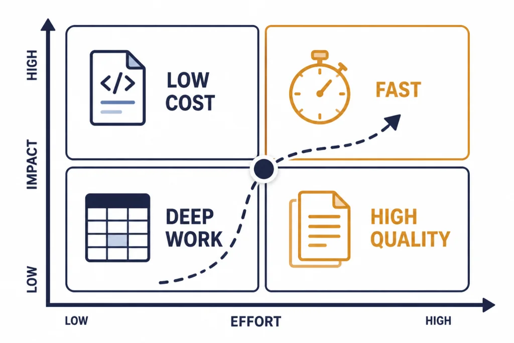Decision matrix labeled LOW COST, FAST, DEEP WORK, and HIGH QUALITY with code, spreadsheet, document, and stopwatch icons.