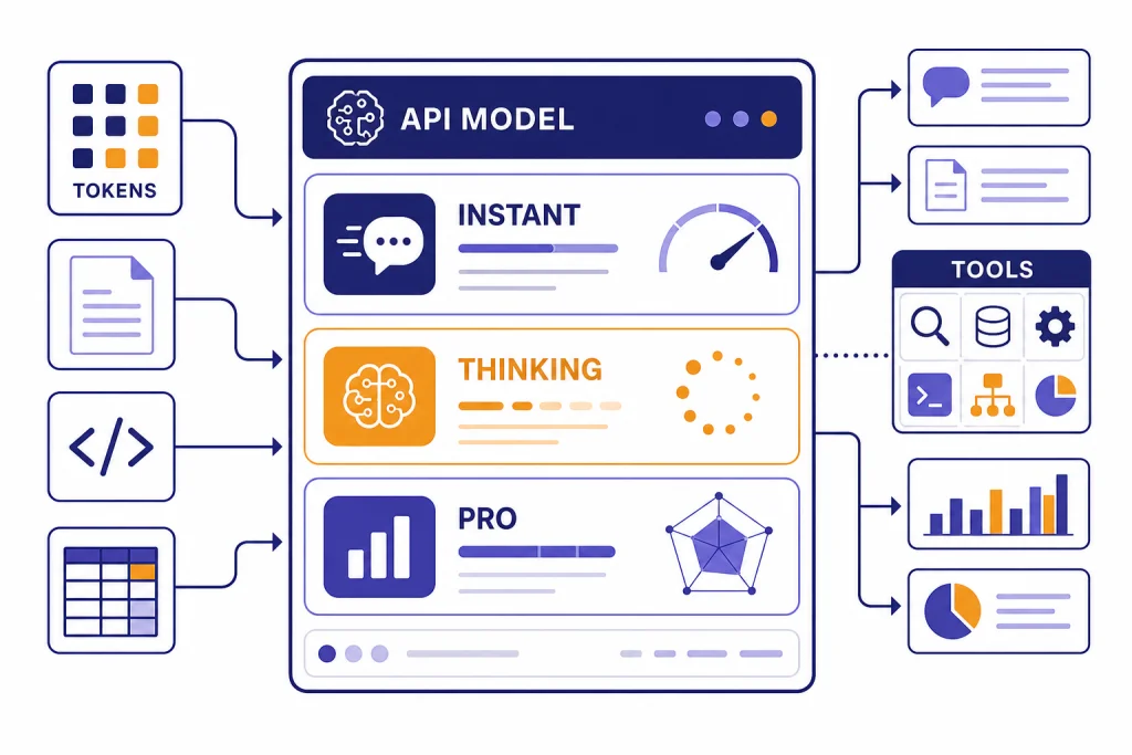 GPT-5.2 Model Card Overview API model card with lanes labeled INSTANT, THINKING, PRO, TOKENS, and TOOLS feeding into it.
