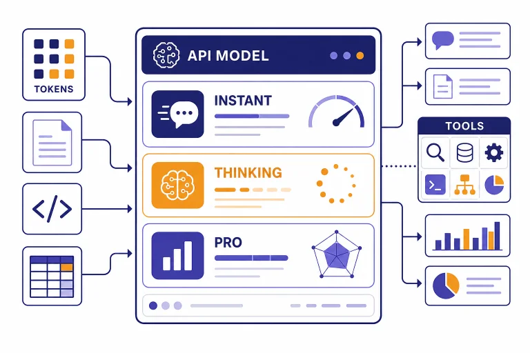 API model card with lanes labeled INSTANT, THINKING, PRO, TOKENS, and TOOLS feeding into it.