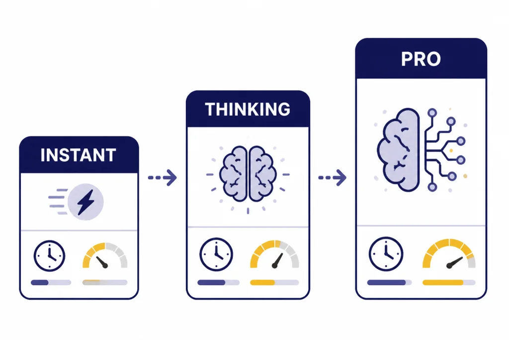 GPT-5.2 Model Family Three model cards labeled INSTANT, THINKING, and PRO with arrows showing increasing reasoning depth.