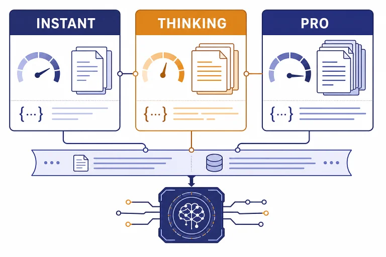 Three model cards labeled INSTANT, THINKING, and PRO feeding documents and code into a reasoning engine.
