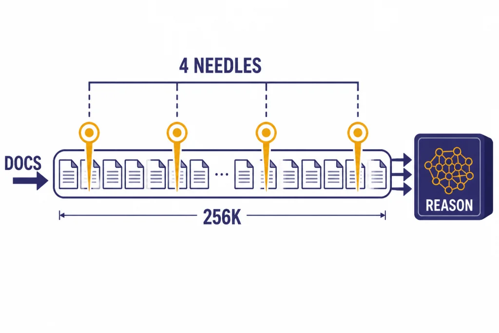 Long Context Reasoning Long context ruler labeled 256K with four markers labeled 4 NEEDLES feeding DOCS into REASON.