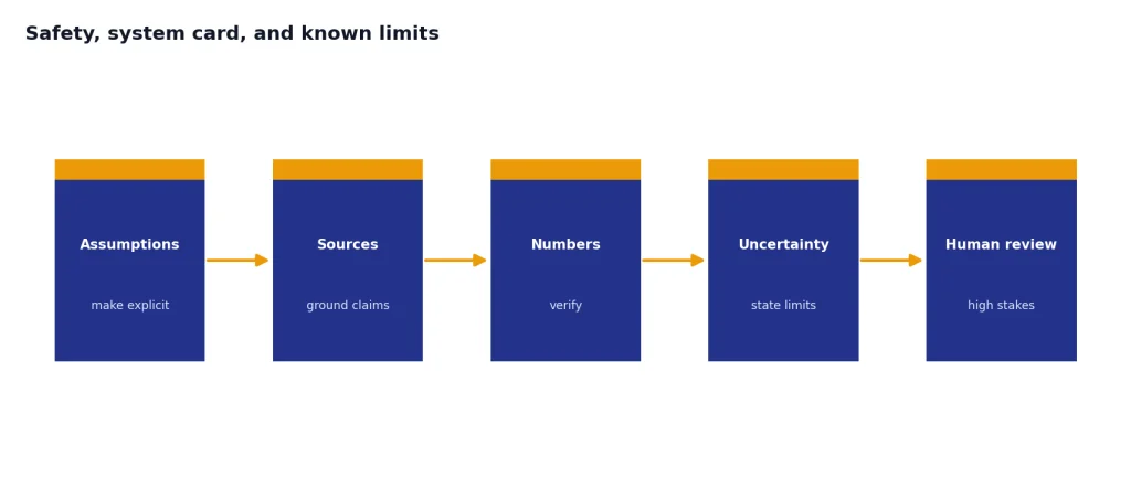 Process with 5 stages: Assumptions, Sources, Numbers, Uncertainty, Human review.