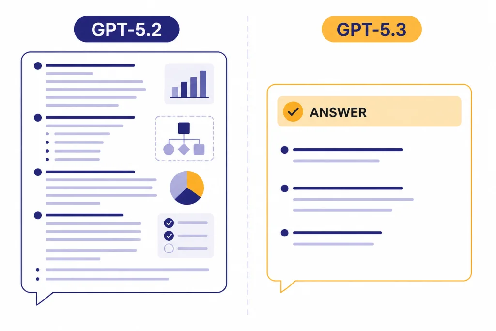 Split diagram with cluttered GPT-5.2 bubble and shorter GPT-5.3 bubble starting with ANSWER.