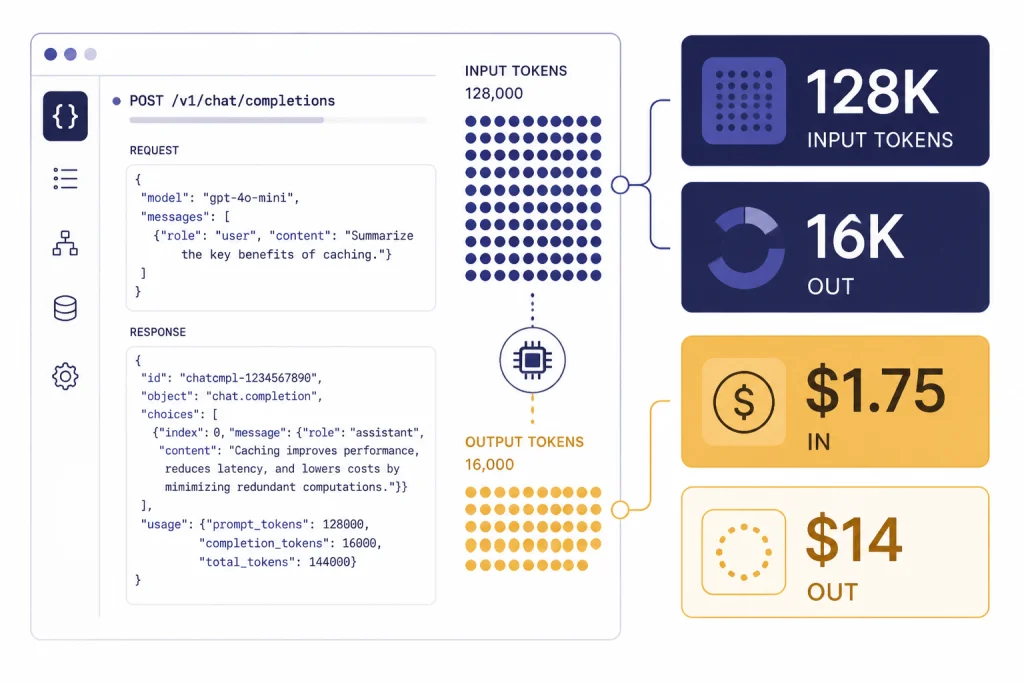 API dashboard tiles labeled 128K, 16K OUT, $1.75 IN, and $14 OUT with token flow dots.