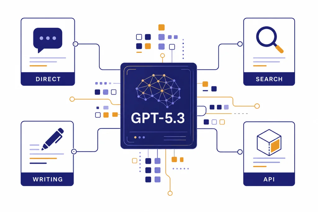 GPT-5.3 Model Overview Central card labeled GPT-5.3 connected to panels labeled DIRECT, SEARCH, WRITING, and API.