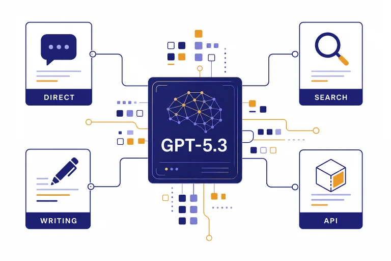 Central card labeled GPT-5.3 connected to panels labeled DIRECT, SEARCH, WRITING, and API.