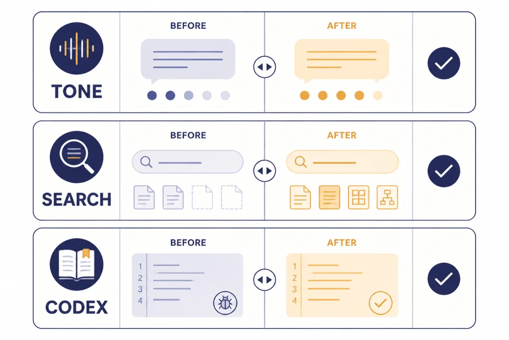 Three stacked cards labeled TONE, SEARCH, and CODEX with before-and-after sliders.