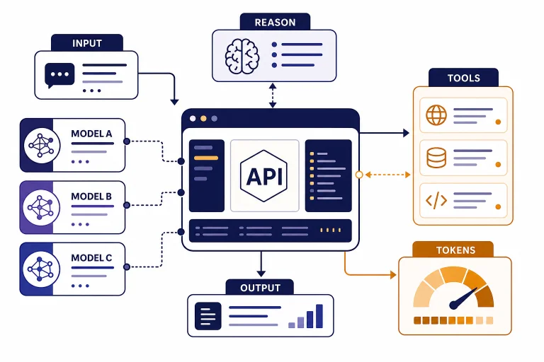 API console connected to model cards, token meter, and labels INPUT, REASON, TOOLS, OUTPUT, TOKENS.