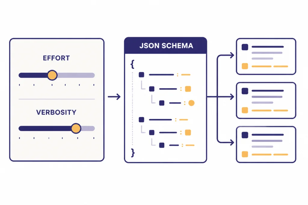 Reasoning And Output Controls Control panel with sliders labeled EFFORT and VERBOSITY plus a JSON SCHEMA card and output blocks.