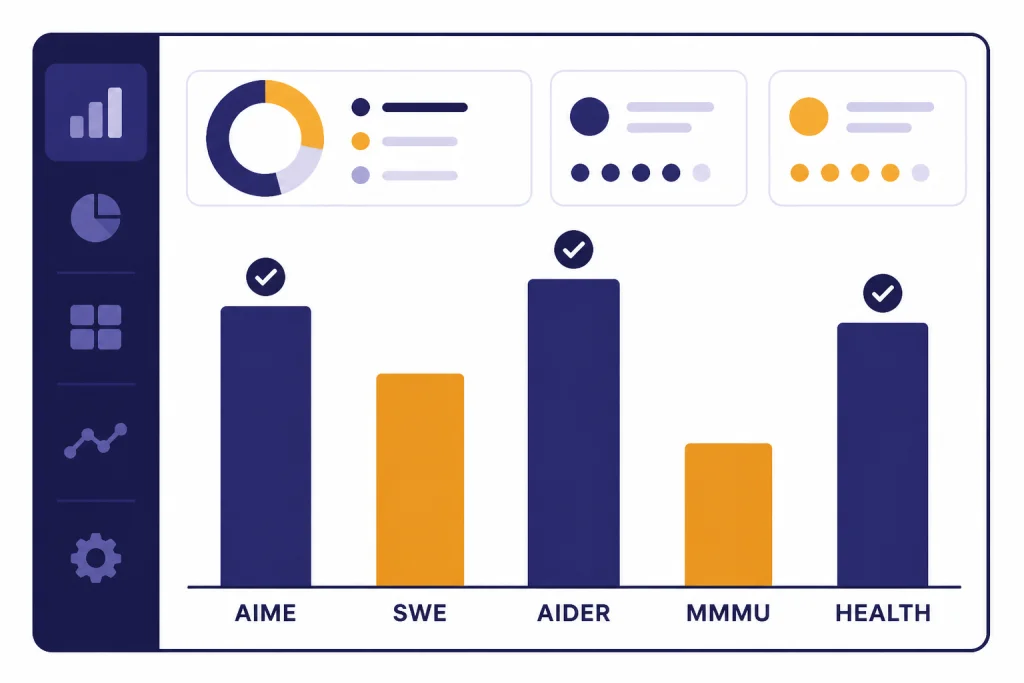 GPT-5 Benchmark Dashboard Benchmark dashboard with bars labeled AIME, SWE, AIDER, MMMU, and HEALTH.