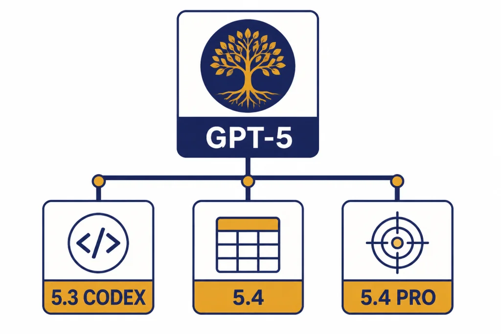 Family tree from GPT-5 to cards labeled 5.3 CODEX, 5.4, and 5.4 PRO.