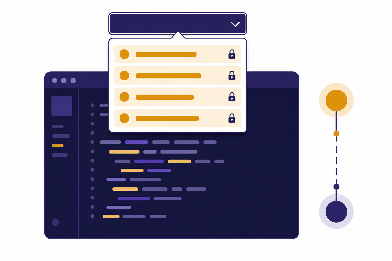 Model-picker dropdown with four highlighted rows, a lock icon, and a two-step release timeline.