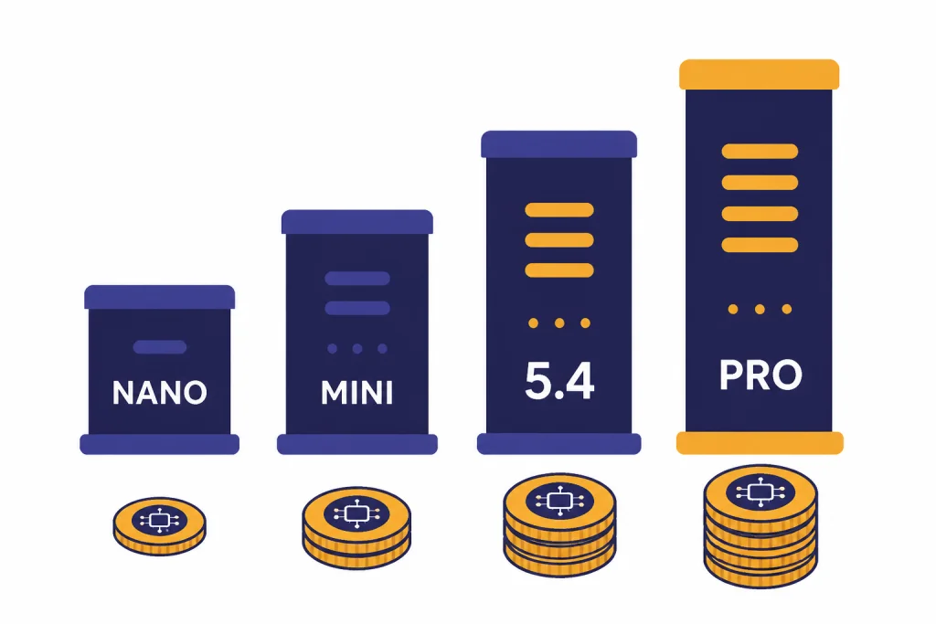 GPT-5 API Cost Bars Four token cost bars labeled NANO, MINI, 5.4, and PRO with coin icons below.