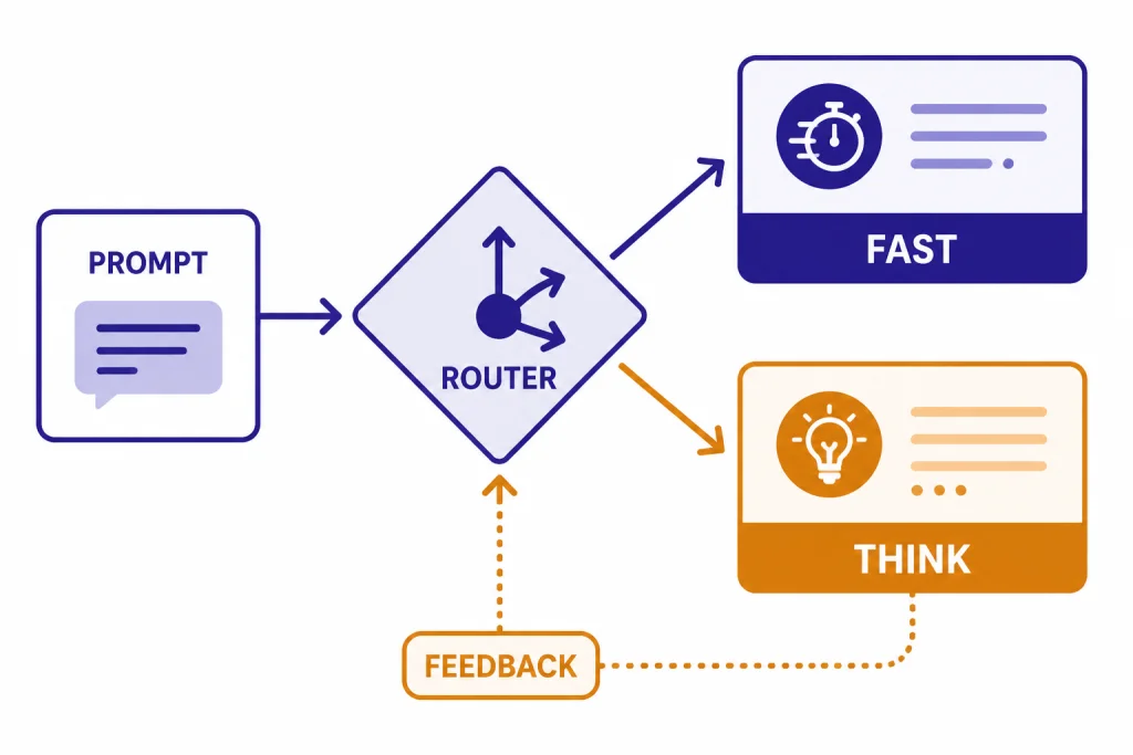 Flow diagram labeled PROMPT, ROUTER, FAST, THINK, and FEEDBACK showing the GPT-5 router tradeoff.