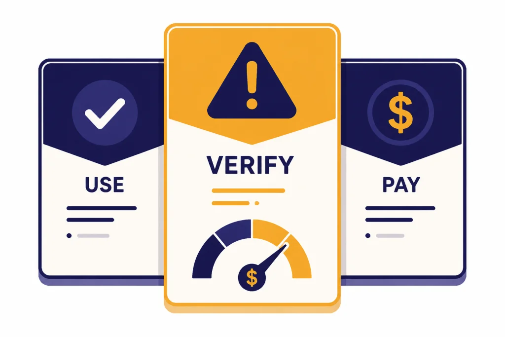 Three verdict cards labeled USE, VERIFY, and PAY with check, caution, and dollar gauge icons.
