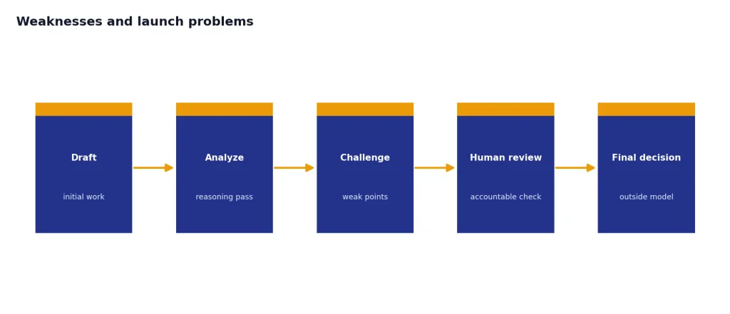 Process with Draft, Analyze, Challenge, Human review, and Final decision stages.