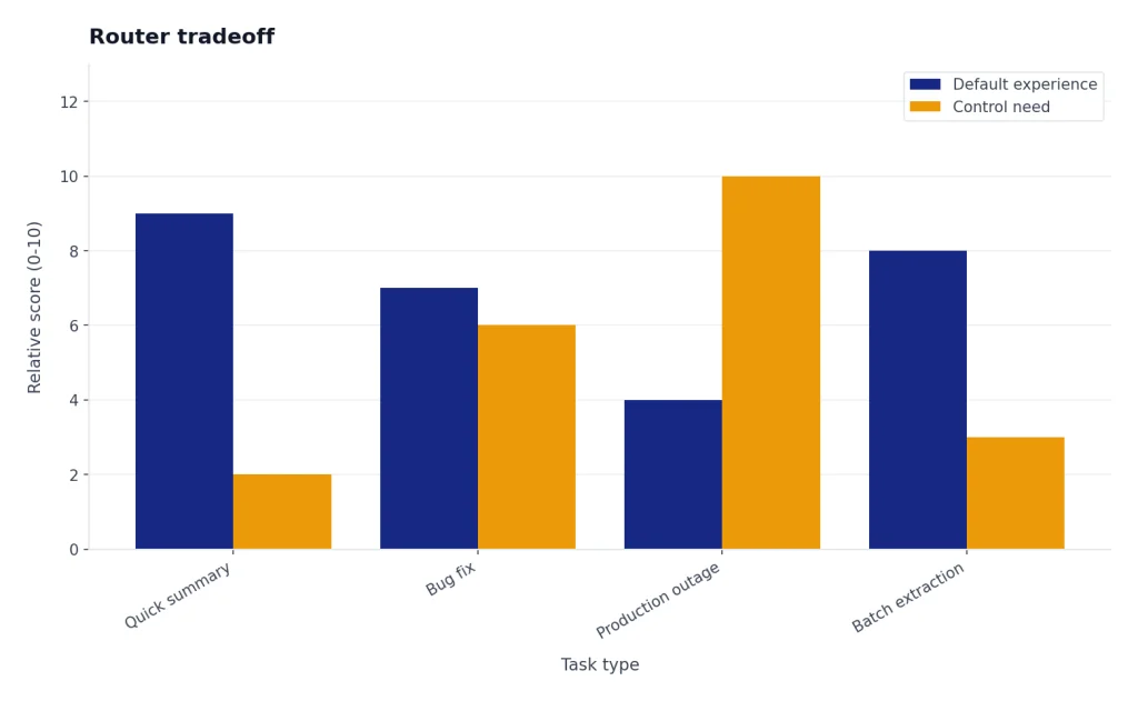 Grouped bars for Quick summary, Bug fix, Production outage, Batch extraction: Default experience vs Control need.