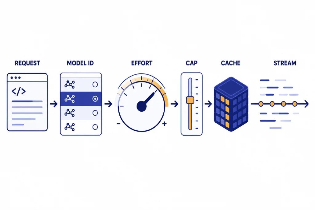 API flow labeled REQUEST, MODEL ID, EFFORT, CAP, CACHE, and STREAM in sequence.