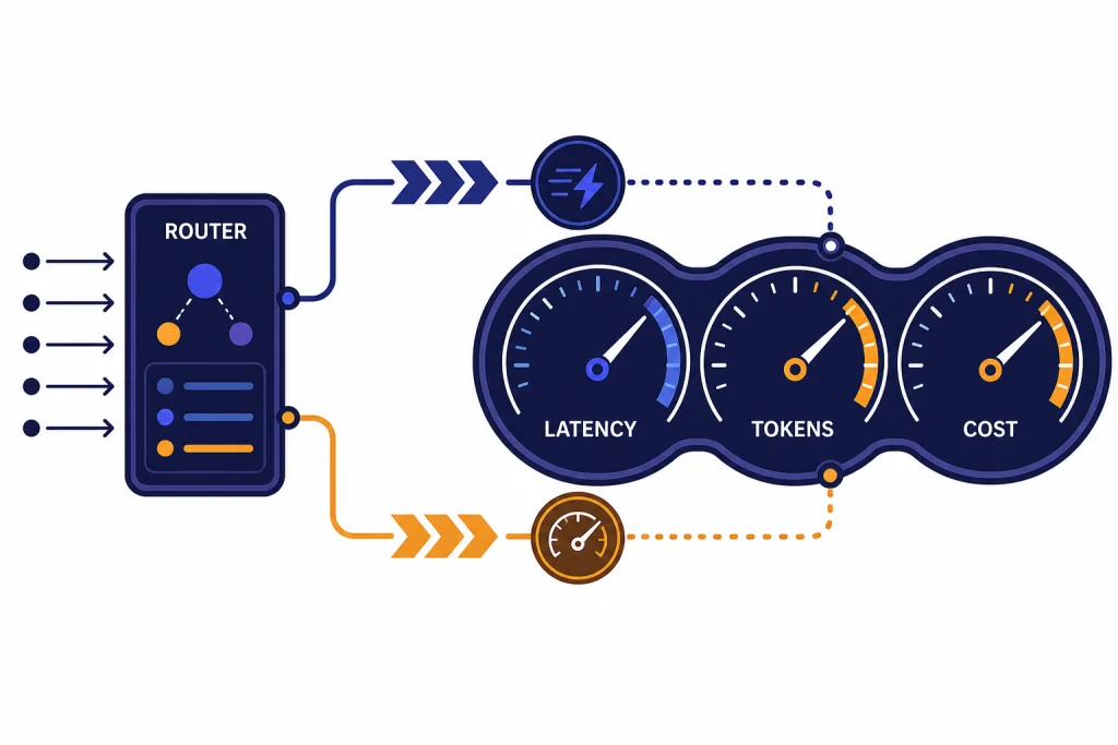 GPT-5 Speed Dashboard Speed dashboard with gauges labeled LATENCY, TOKENS, COST, and a ROUTER panel feeding two lanes.