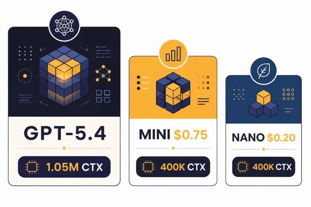 GPT-5 Model Options Three model cards labeled GPT-5.4, MINI $0.75, NANO $0.20, with 1.05M CTX and 400K CTX badges.