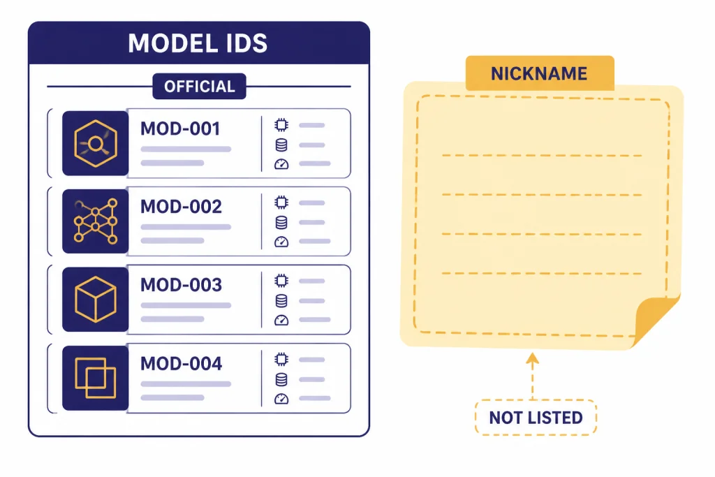 Official Model Naming Catalog cards labeled MODEL IDS and OFFICIAL, with a dashed note labeled NICKNAME and NOT LISTED.