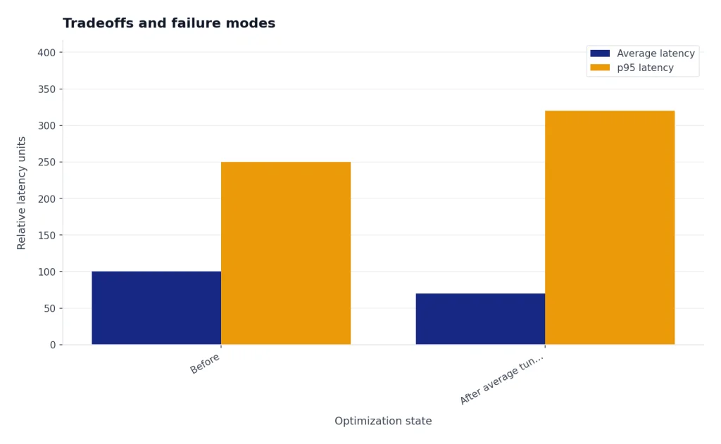 Grouped bars: Before avg 100 p95 250; After average tuning avg 70 p95 320, showing tail latency worsens.