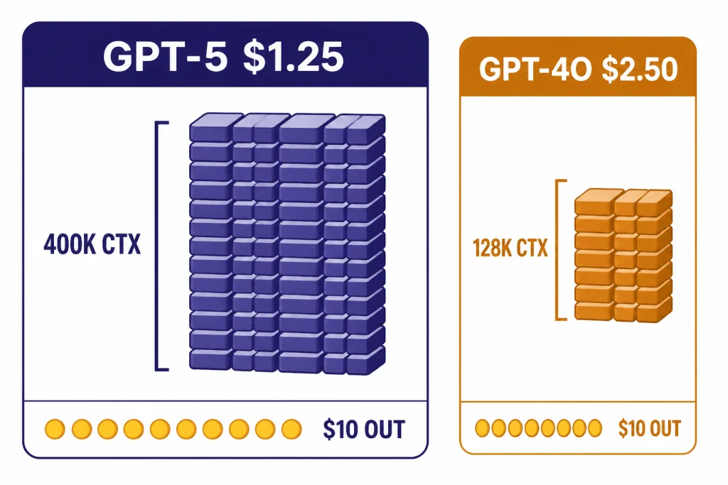 Two cards labeled GPT-5 $1.25 and GPT-4O $2.50 with 400K CTX, 128K CTX, and $10 OUT.
