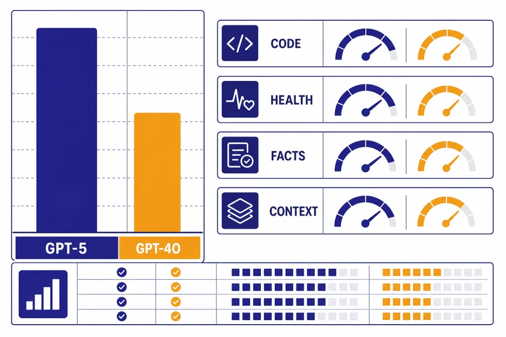 GPT-5 Benchmark Dashboard Benchmark dashboard with columns labeled GPT-5 and GPT-4O plus gauges for CODE, HEALTH, FACTS, and CONTEXT.