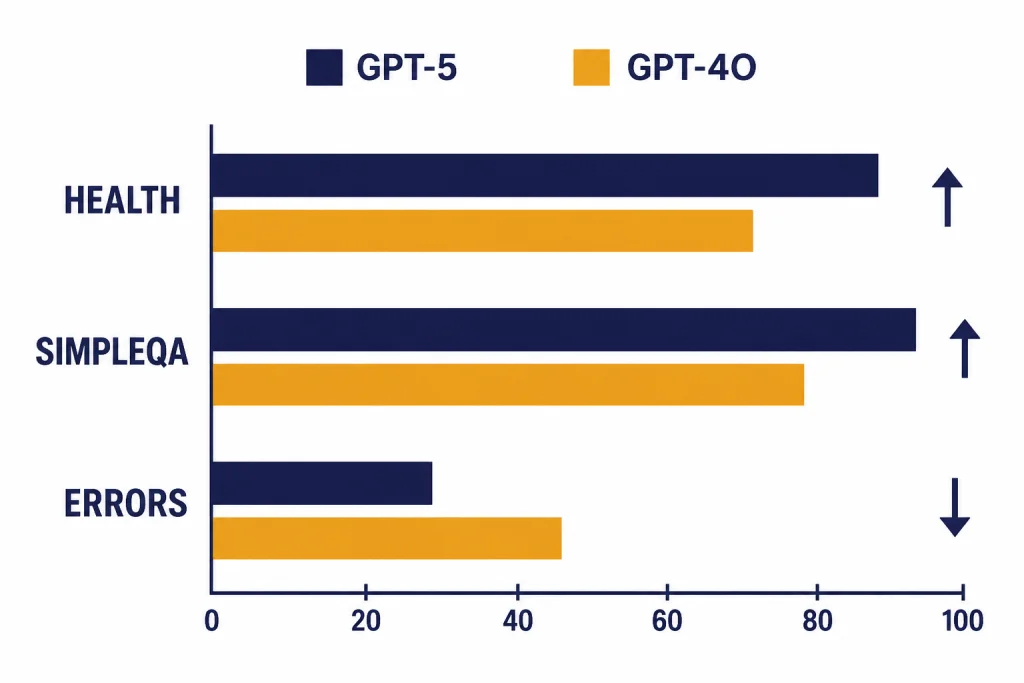 Paired bar chart labeled GPT-5, GPT-4O, HEALTH, SIMPLEQA, and ERRORS with GPT-5 leading.