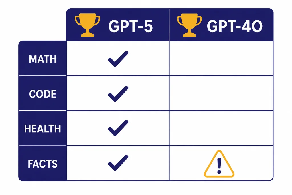 Winner matrix labeled GPT-5, GPT-4O, MATH, CODE, HEALTH, and FACTS with most checks under GPT-5.