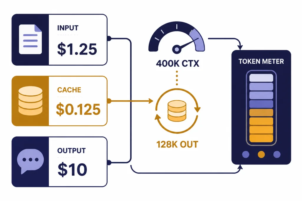 API Price And Context API cost cards labeled INPUT $1.25, CACHE $0.125, OUTPUT $10, plus 400K CTX and 128K OUT.