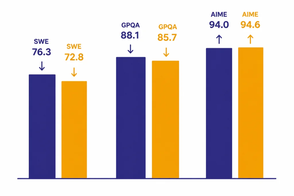GPT-5.1 Benchmark Bars Grouped bars labeled SWE 76.3, SWE 72.8, GPQA 88.1, GPQA 85.7, AIME 94.0, and AIME 94.6.