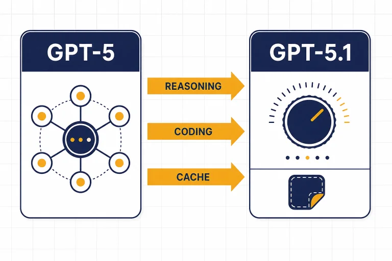 Two model cards labeled GPT-5 and GPT-5.1 with arrows labeled REASONING, CODING, and CACHE.