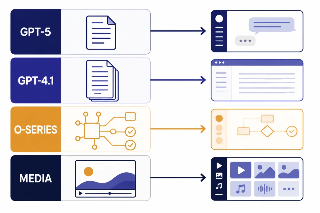 Current Model Map Four lanes labeled GPT-5, GPT-4.1, O-SERIES, and MEDIA with icons for documents, reasoning, and media.