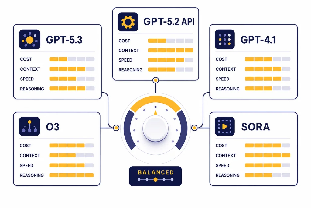GPT Model Comparison Dashboard Five model cards labeled GPT-5.3, GPT-5.2 API, GPT-4.1, O3, and SORA around a selection dial.