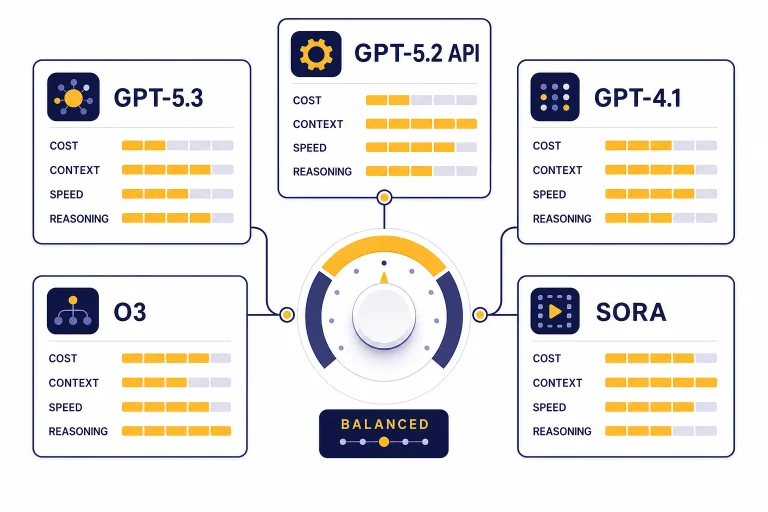 Five model cards labeled GPT-5.3, GPT-5.2 API, GPT-4.1, O3, and SORA around a selection dial.