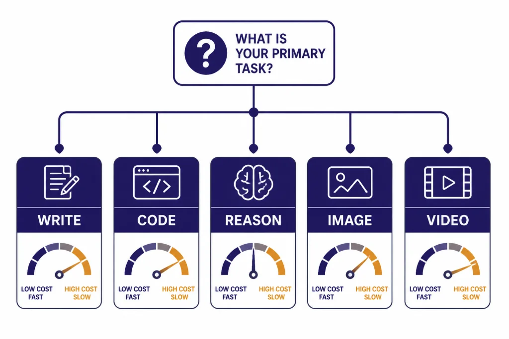 Model Selection Decision Tree Decision tree with five task boxes labeled WRITE, CODE, REASON, IMAGE, and VIDEO plus small gauges.