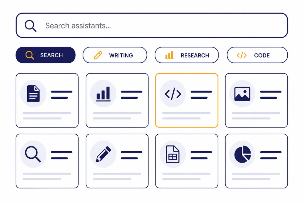 GPT Store Directory Directory dashboard with search bar, GPT cards, and chips labeled SEARCH, WRITING, RESEARCH, CODE.