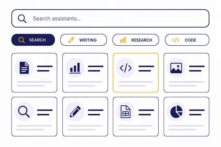 Directory dashboard with search bar, GPT cards, and chips labeled SEARCH, WRITING, RESEARCH, CODE.