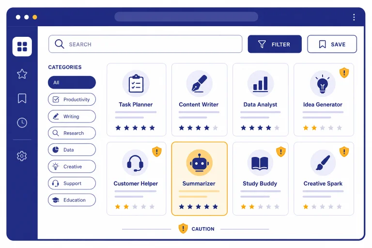 Directory grid with labels SEARCH, FILTER, SAVE, and CAUTION, highlighting one custom assistant card.