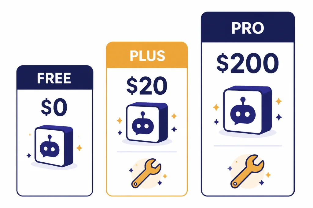 GPT Store Plan Access Three access cards labeled FREE $0, PLUS $20, and PRO $200 with GPT tiles and builder icons.