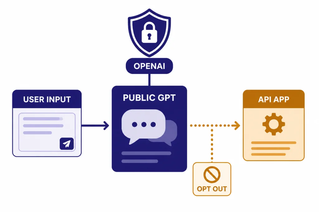 Privacy flow labeled USER INPUT, PUBLIC GPT, OPENAI, API APP, and OPT OUT with a dotted external arrow.