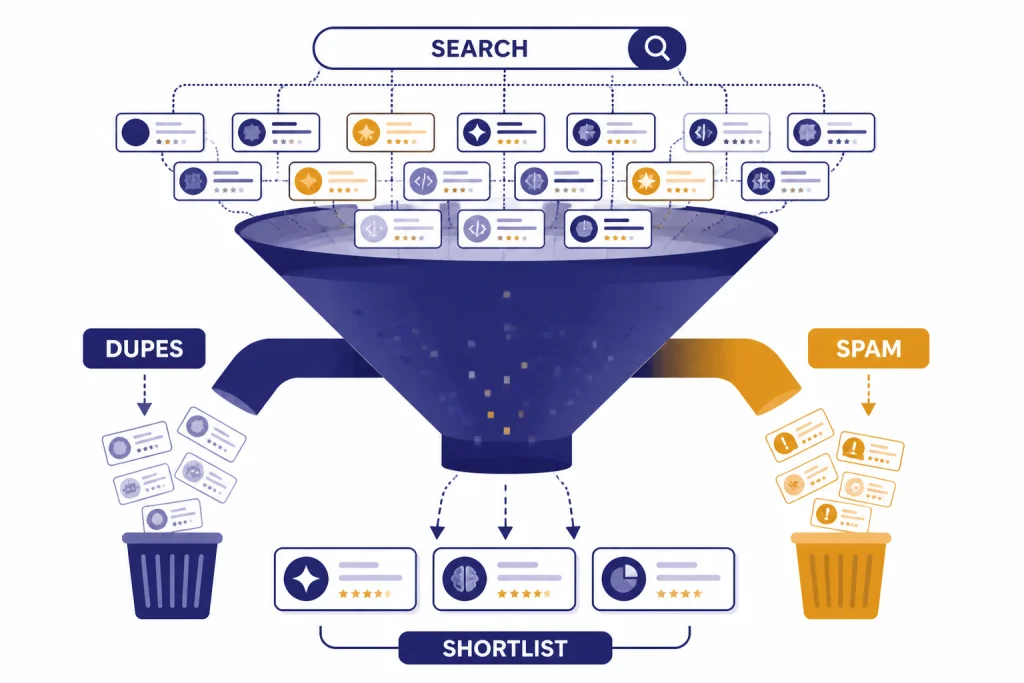 GPT Store Search Funnel Search funnel labeled SEARCH, DUPES, SPAM, and SHORTLIST filtering many assistant cards into three picks.