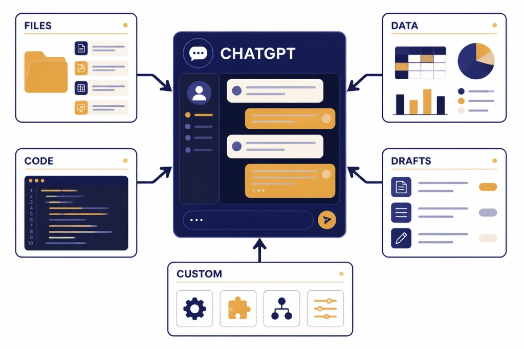ChatGPT Workspace Modules Workspace board with modules labeled FILES, CODE, DATA, DRAFTS, CUSTOM feeding into CHATGPT.