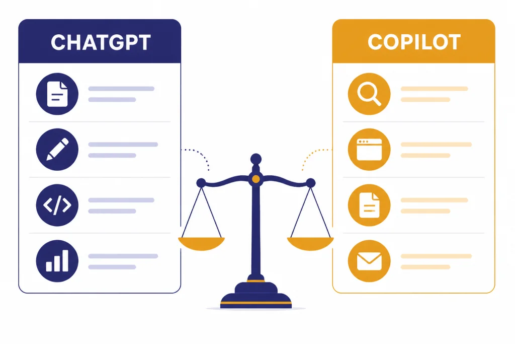 Quick Verdict Cards Two verdict cards labeled CHATGPT and COPILOT with file, code, search, document, and mail icons.
