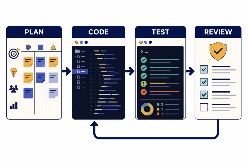 Coding Agent Workflow Coding workflow panels labeled PLAN, CODE, TEST, and REVIEW connected by looping arrows.