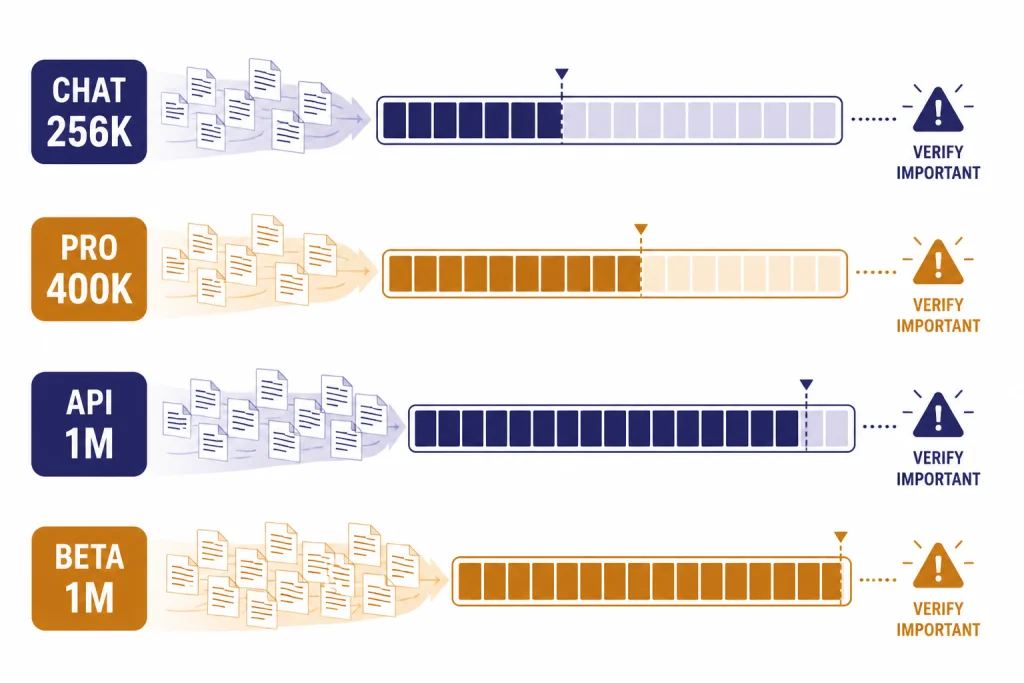 Context bars labeled CHAT 256K, PRO 400K, API 1M, and BETA 1M with document sheets.